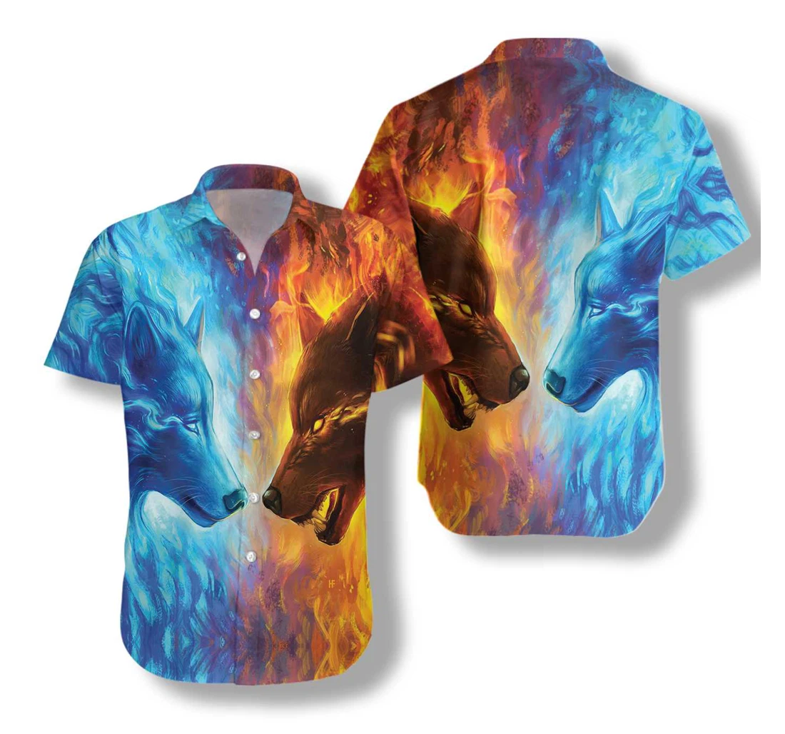 Ice And Fire Wolf Hawaiian Shirt, Button Up Aloha Shirt For Men, Women