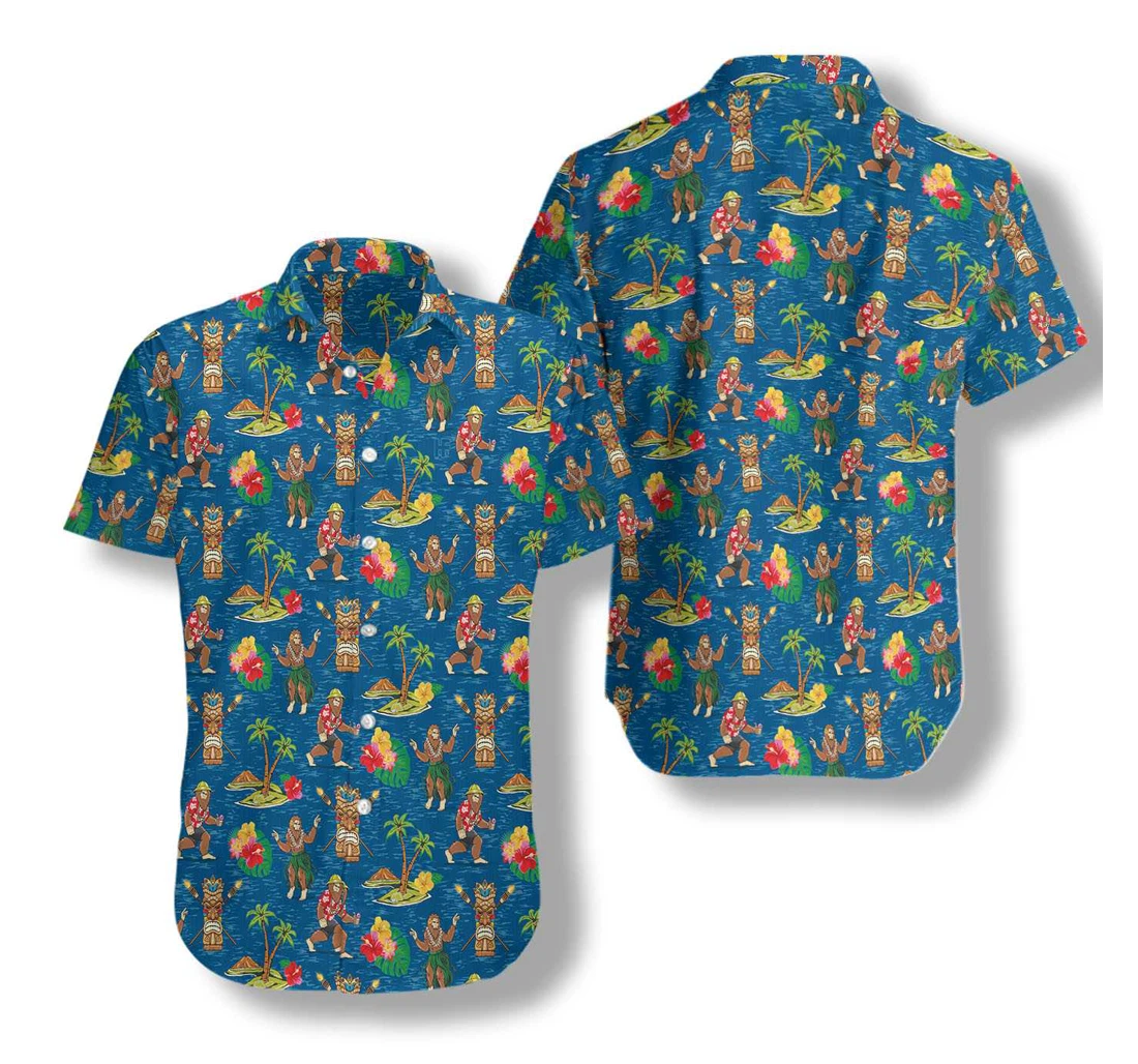 Bigfoot Tourist Bigfoot Royal Blue Tribal Bigfoot Hawaiian Shirt, Button Up Aloha Shirt For Men, Women