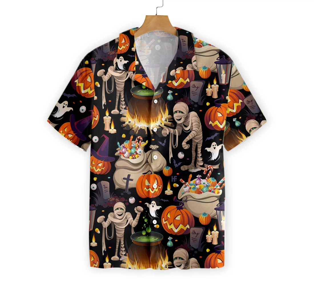 Halloween Mummy And Bags Of Sweets Hawaiian Shirt, Button Up Aloha Shirt For Men, Women