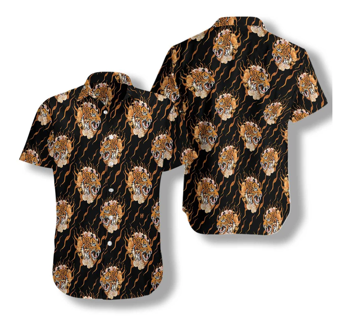 Oriental Tattoo Style Tiger Hawaiian Shirt, Button Up Aloha Shirt For Men, Women