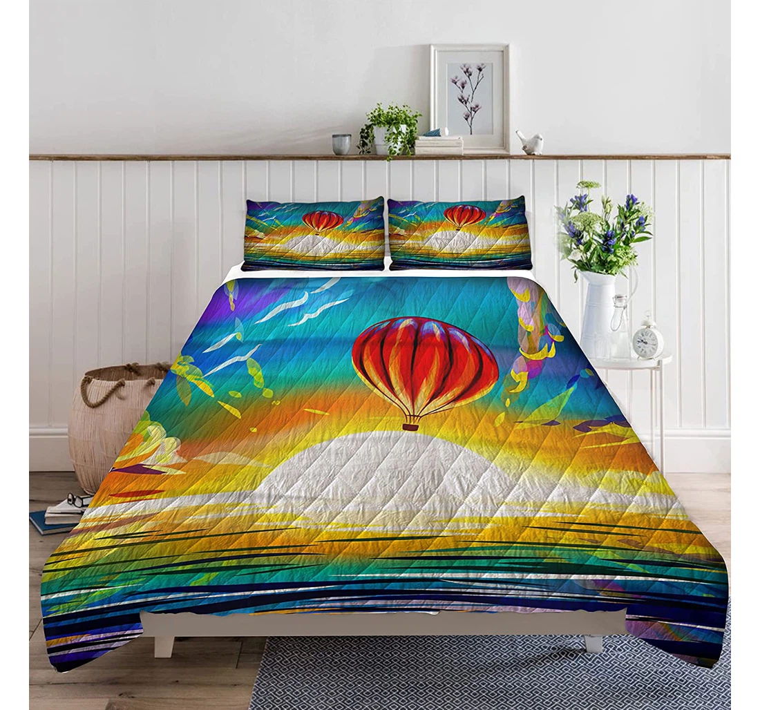 Personalized Bedding Set - Balloon Flying At Sunover Sea Included 1 Ultra Soft Duvet Cover or Quilt and 2 Lightweight Breathe Pillowcases