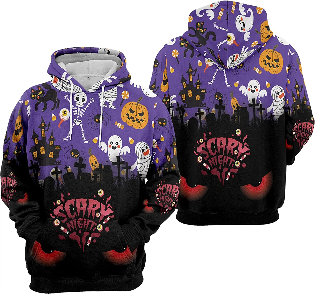 Scary Night Devil Eyes Cemetery Bat Cat Pumpkin Halloween - 3D Printed Pullover Hoodie