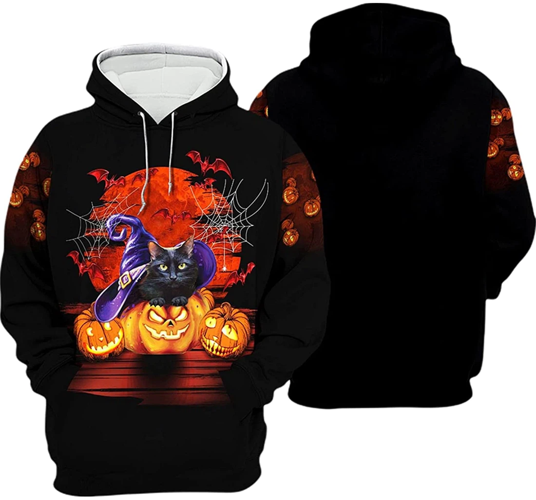 Halloween Cat Wear Witch Hat Pumpkin Pattern - 3D Printed Pullover Hoodie