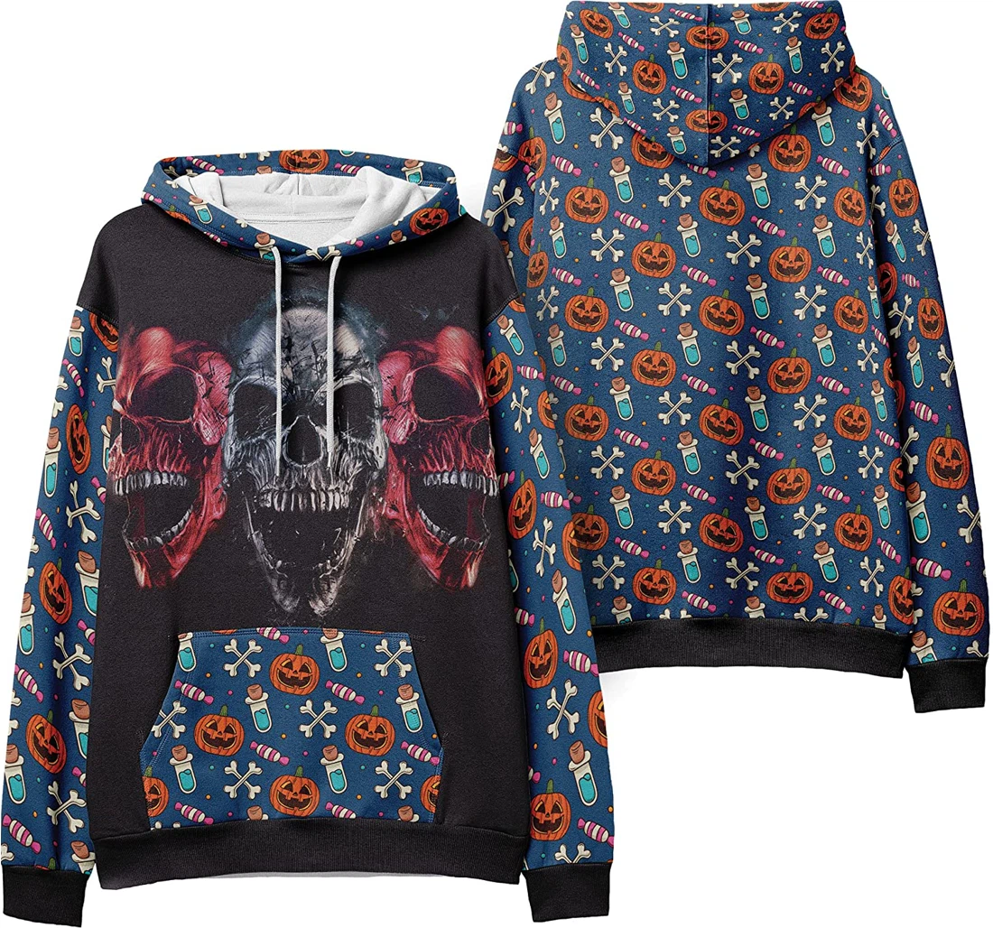 Demon Skull Crossbones Seamless Pattern Halloween - 3D Printed Pullover Hoodie