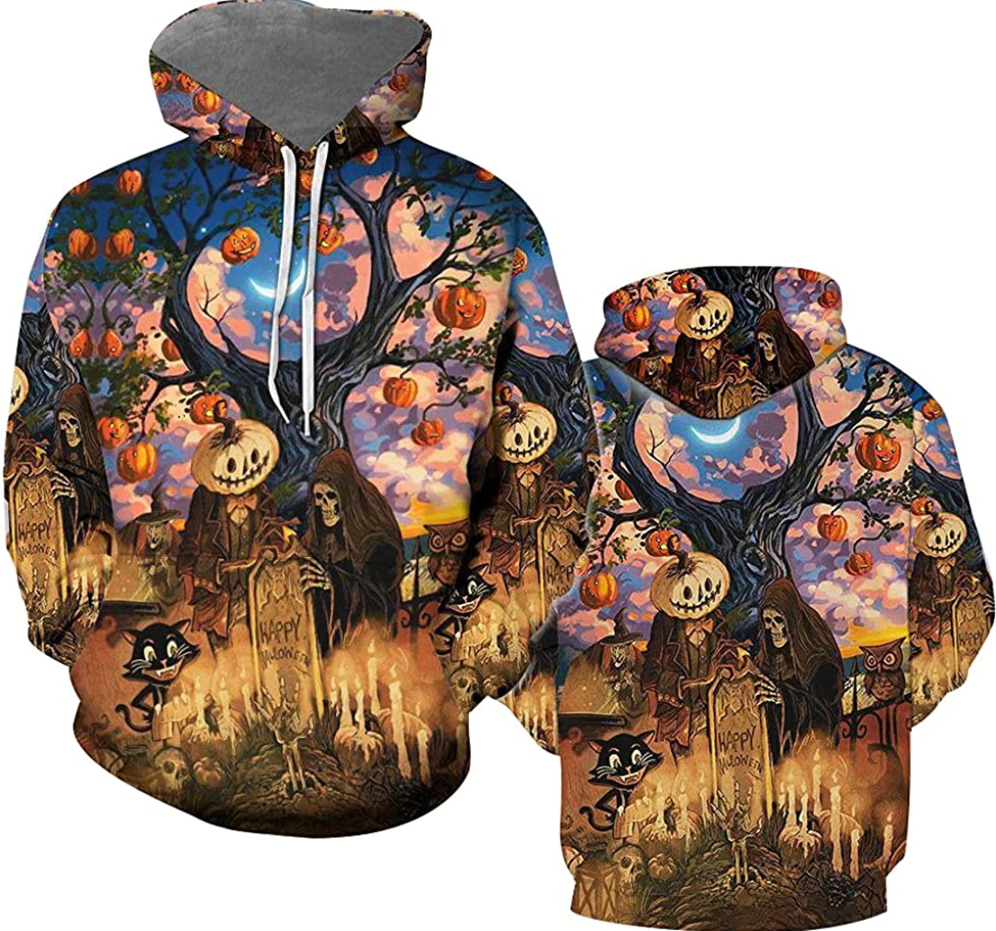 Happy Halloween Death Cat Pumpkin Halloween - 3D Printed Pullover Hoodie