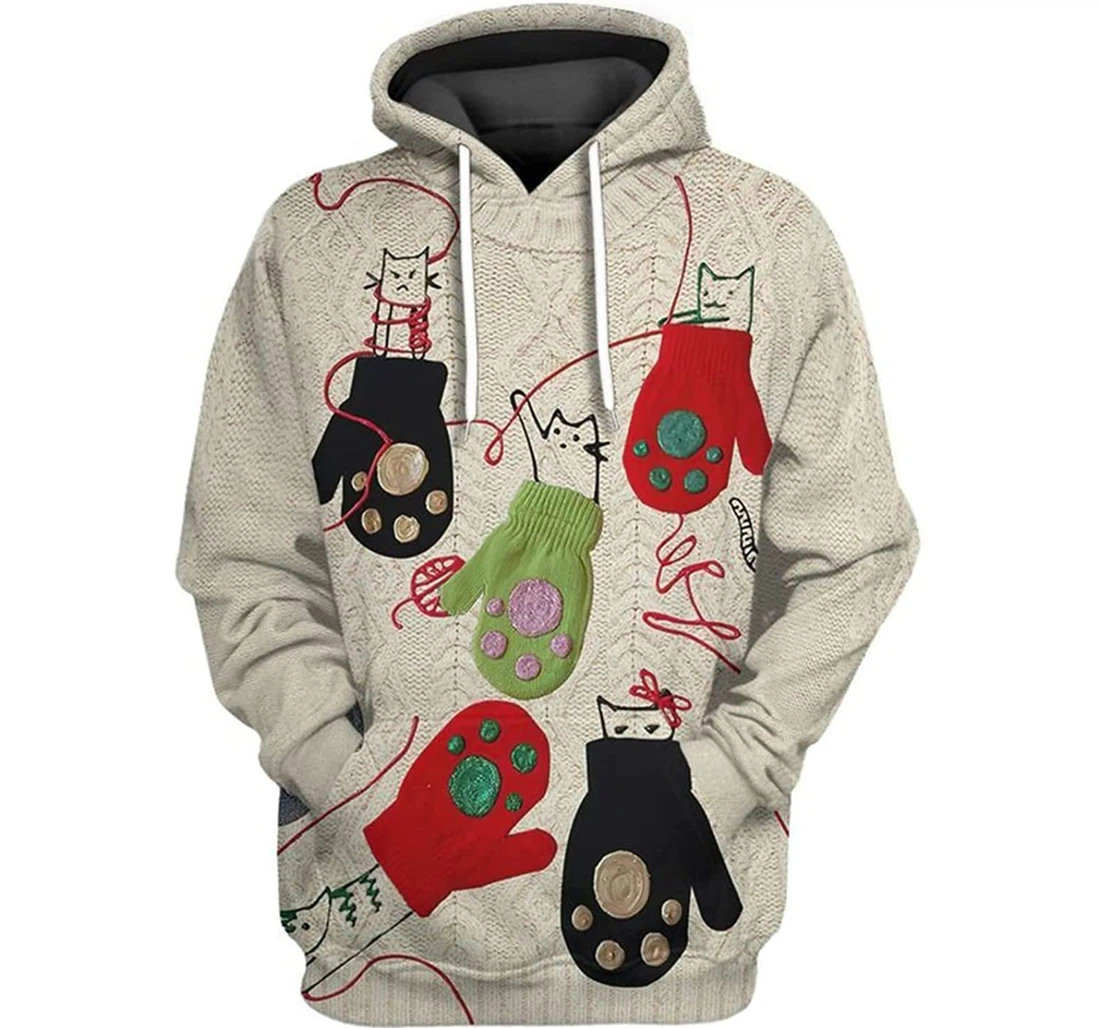 Christmas Cats In Woolen Gloves - 3D Printed Pullover Hoodie