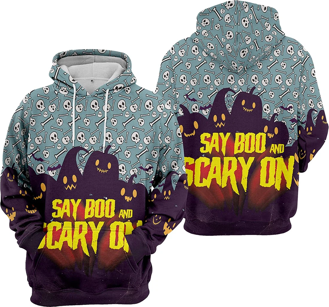 Say Boo Scary On Cat Bat Cobweb Halloween - 3D Printed Pullover Hoodie