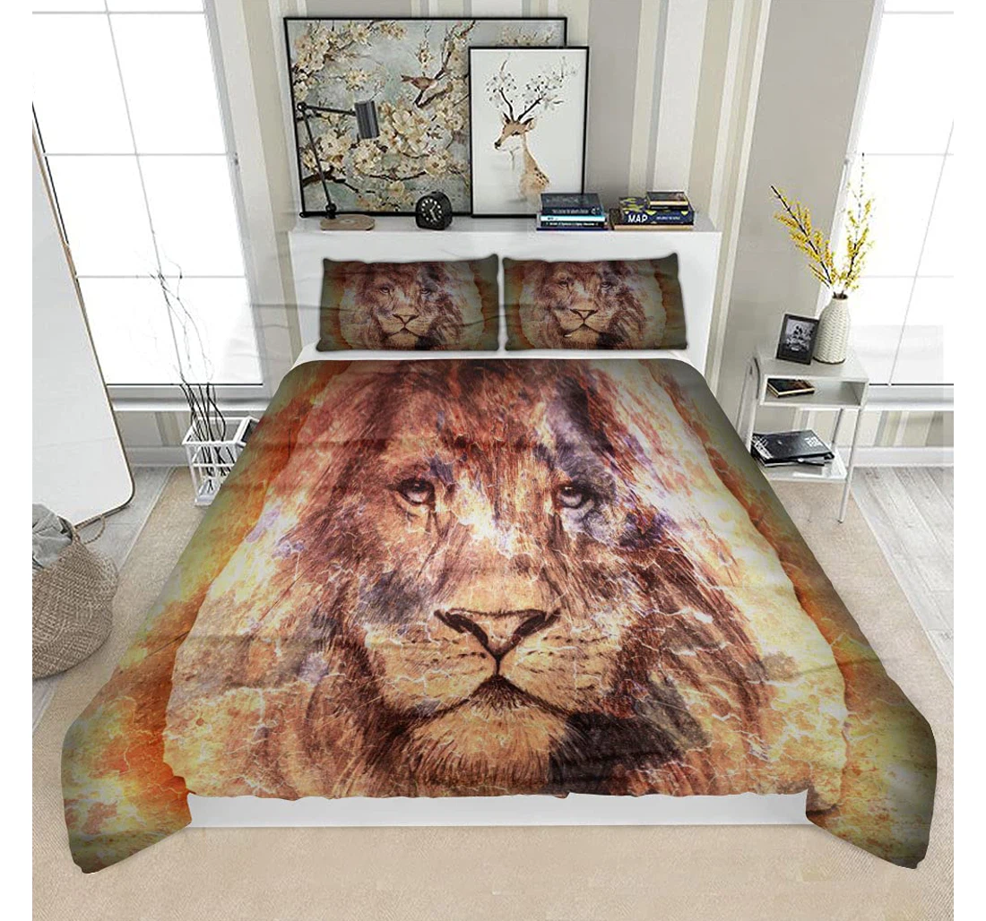 Personalized Bedding Set - Lion Face On Colorful Abstract Background Solf Included 1 Ultra Soft Duvet Cover or Quilt and 2 Lightweight Breathe Pillowcases