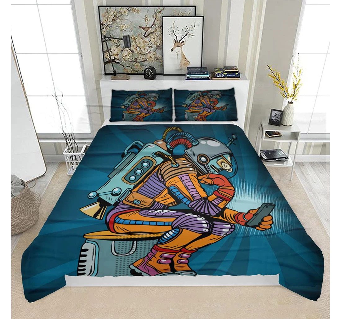 Personalized Bedding Set - Retro Robot Astronaut Thinker Pose Reads Solf Included 1 Ultra Soft Duvet Cover or Quilt and 2 Lightweight Breathe Pillowcases