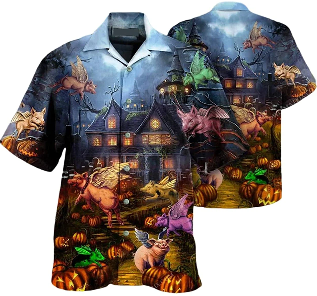 Halloween When Pigs Fly Pumpkin Pattern Beach Included Hawaiian Shirt, Button Up Aloha Shirt For Men, Women