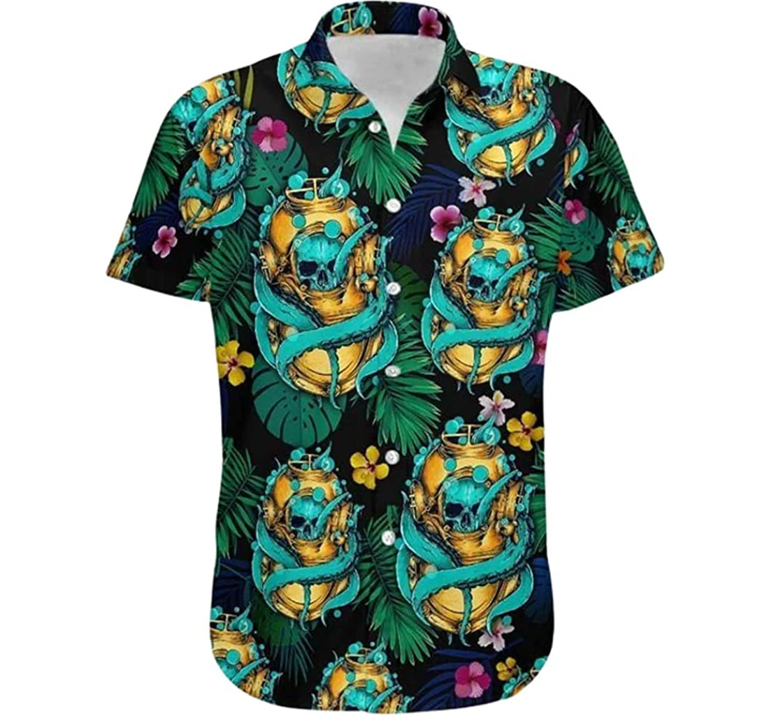 Skull Diving Helmet Beach Included Hawaiian Shirt, Button Up Aloha Shirt For Men, Women