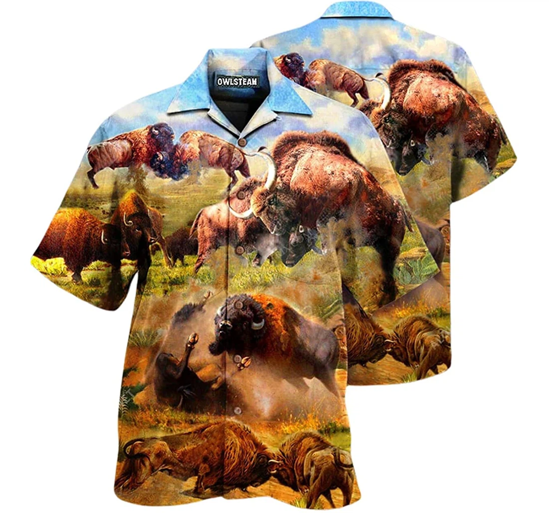 Animals Bison In Wild Battle Beach Included Hawaiian Shirt, Button Up Aloha Shirt For Men, Women