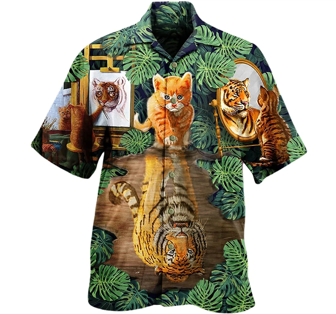 Cat And Tiger Animals Lover Beach Included Hawaiian Shirt, Button Up Aloha Shirt For Men, Women