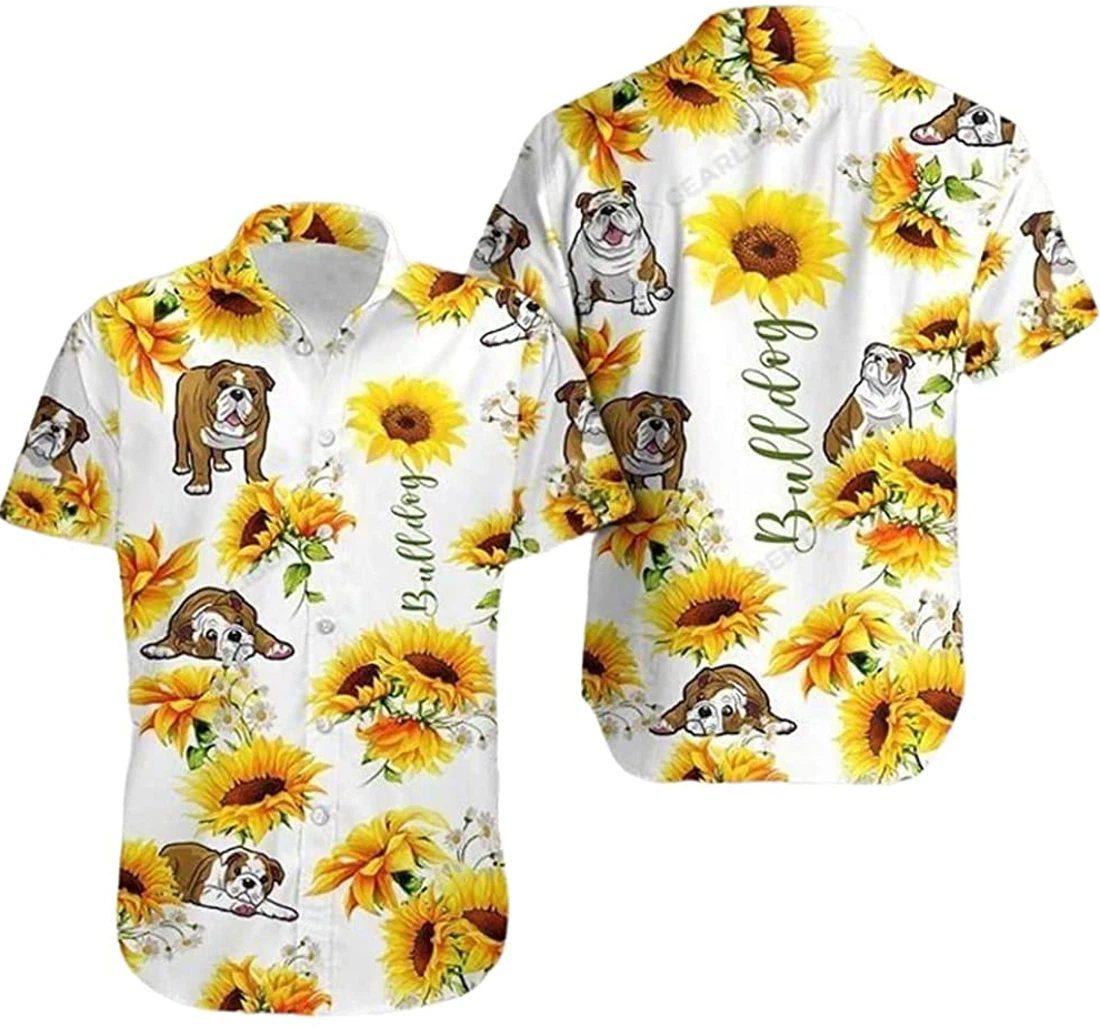 Bulldog Sun Flower Dog Lover Beach Included Hawaiian Shirt, Button Up Aloha Shirt For Men, Women