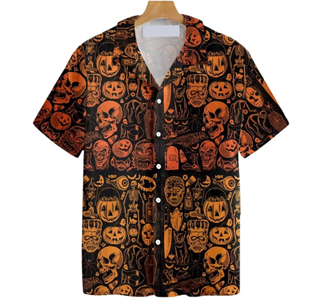 Halloween Horror Skull Pumpkin Pattern Beach Included Hawaiian Shirt, Button Up Aloha Shirt For Men, Women