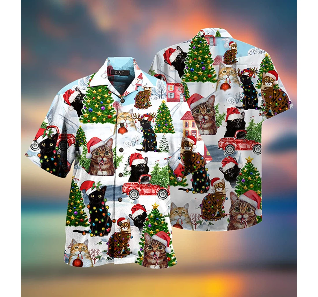 Christmas Tree And Cat Lovely Beach Holiday, Pool Party, Lake, Camp, Luau Funny Included Hawaiian Shirt, Button Up Aloha Shirt For Men, Women