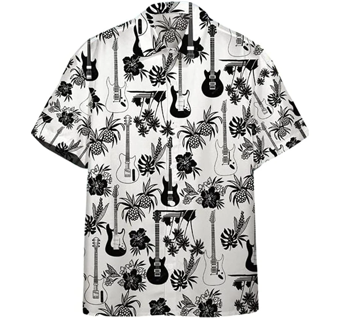 Guitar Pineapple Pattern Beach Included Hawaiian Shirt, Button Up Aloha Shirt For Men, Women