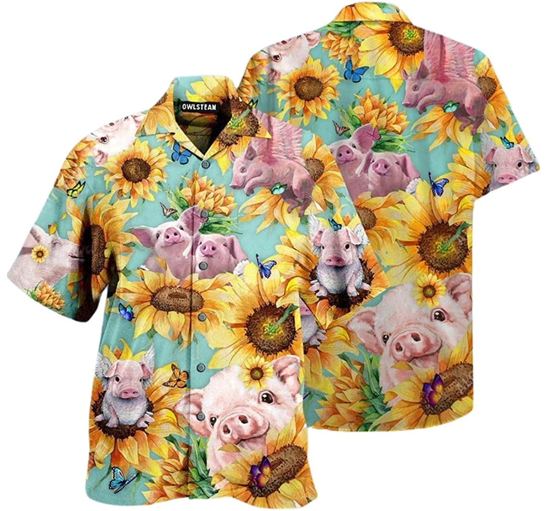 Animals Amazing Pig Lover Sunflower Pattern Beach Included Hawaiian Shirt, Button Up Aloha Shirt For Men, Women