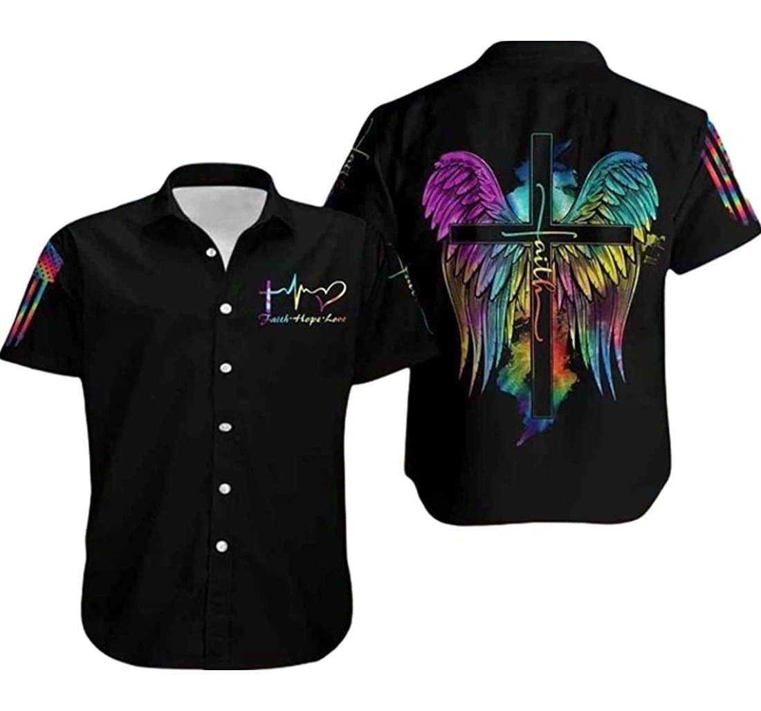 Faith Hope Love Rainbow Wings Beach Included Hawaiian Shirt, Button Up Aloha Shirt For Men, Women