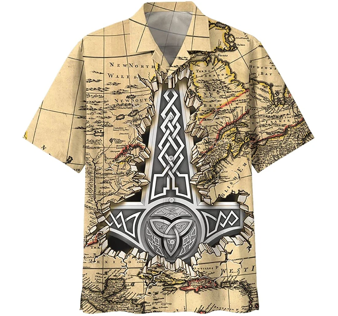 Viking Silver Symbol Map Pattern Beautiful Beach Included Hawaiian Shirt, Button Up Aloha Shirt For Men, Women