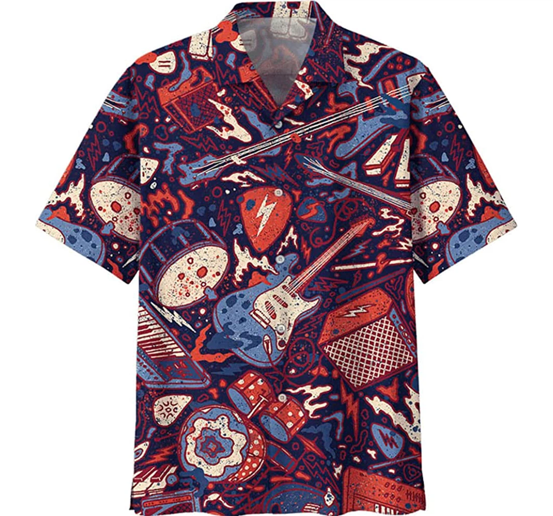 We Love Music Electric Guitar And Drum Beach Included Hawaiian Shirt, Button Up Aloha Shirt For Men, Women