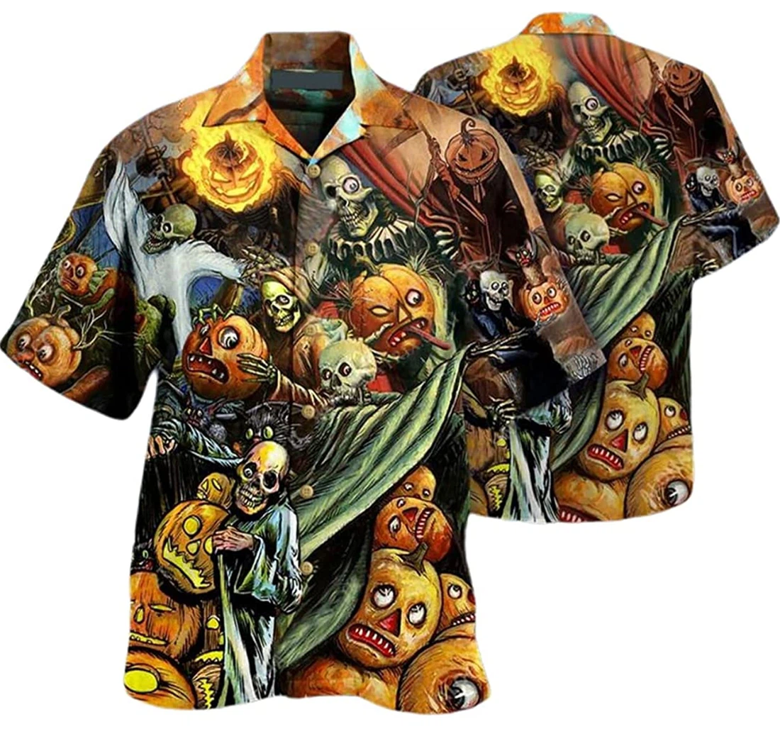 Halloween Pumpkin Scary And Ghost Skull Beach Included Hawaiian Shirt, Button Up Aloha Shirt For Men, Women