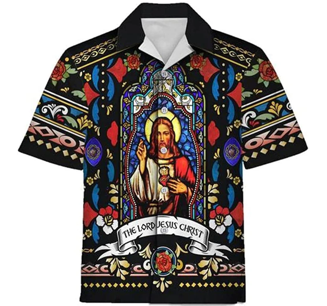 The Lord Jesus Christ Stained Glass Beach Included Hawaiian Shirt, Button Up Aloha Shirt For Men, Women