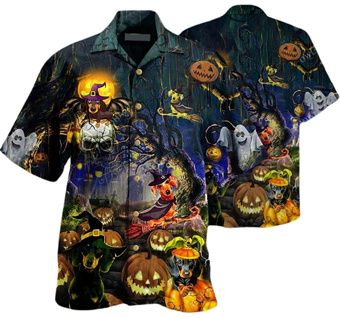 Halloween Pumpkin And Witch Dog Ghost Beach Included Hawaiian Shirt, Button Up Aloha Shirt For Men, Women