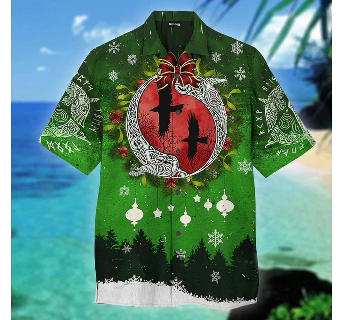 Christmas Raven Of Odin Green Color Beach Holiday, Pool Party, Lake, Camp, Luau Funny Included Hawaiian Shirt, Button Up Aloha Shirt For Men, Women