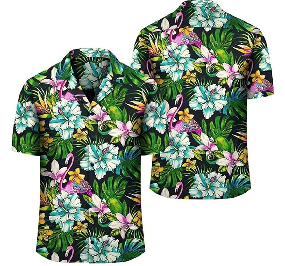 Flamingo And Flowers Beach Included Hawaiian Shirt, Button Up Aloha Shirt For Men, Women