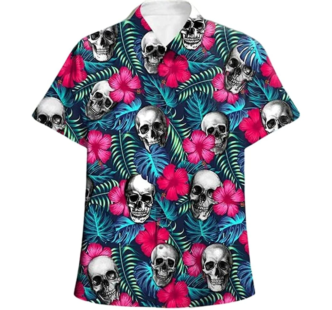 Skull Flowers Beach Included Hawaiian Shirt, Button Up Aloha Shirt For Men, Women