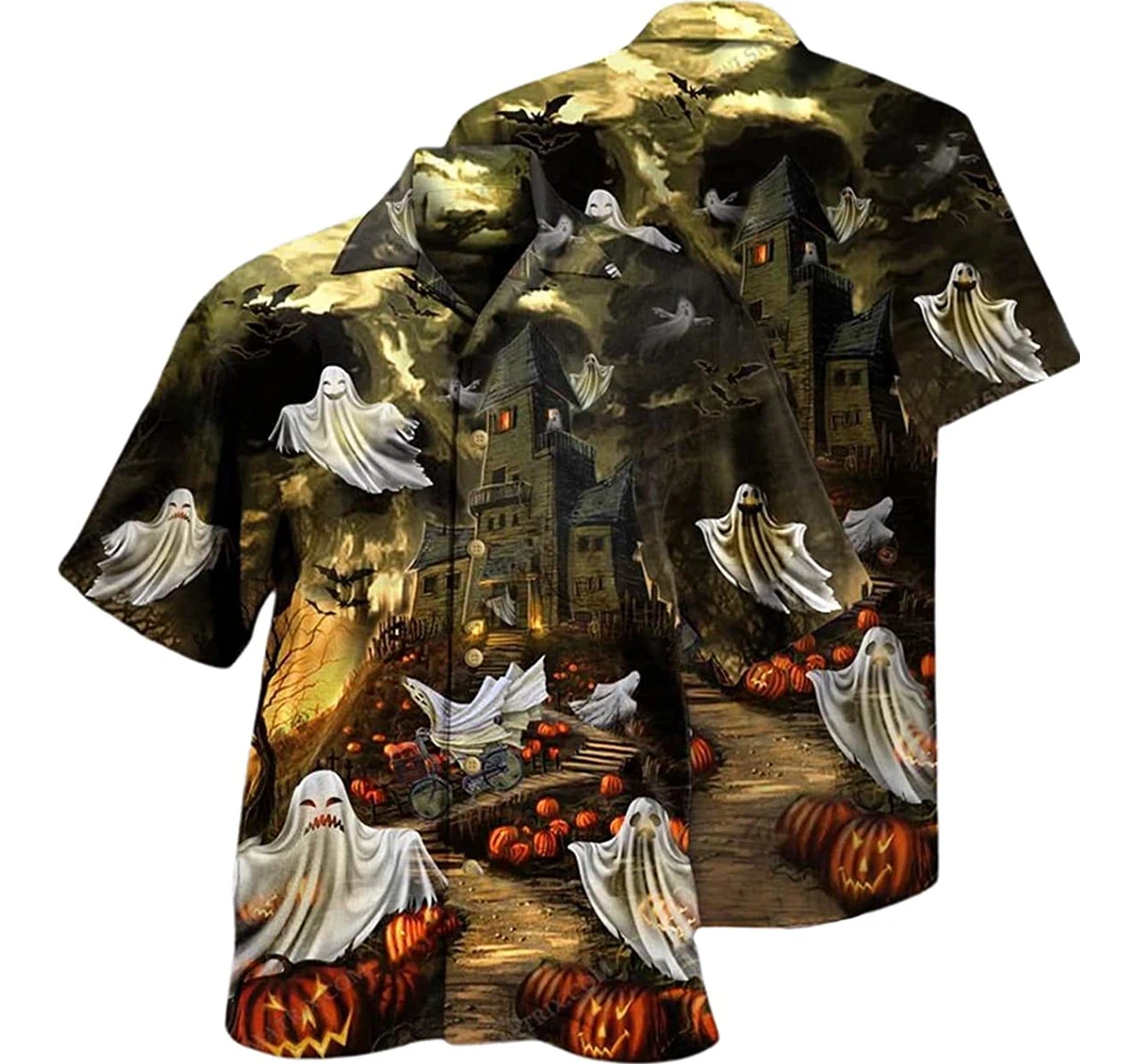 Halloween Horror Ghost And Pumpkin Pattern Beach Included Hawaiian Shirt, Button Up Aloha Shirt For Men, Women