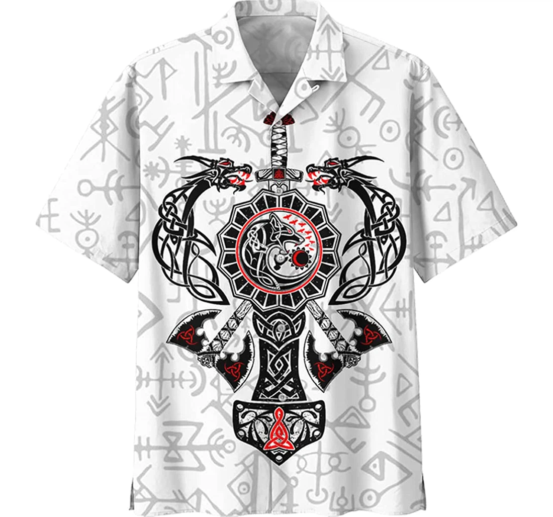 Viking Dragon Pattern With Ace Beach Included Hawaiian Shirt, Button Up Aloha Shirt For Men, Women