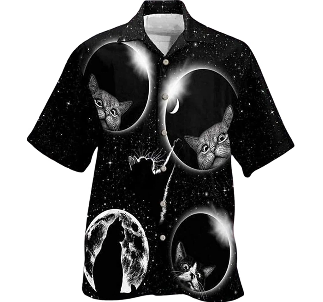 Black Cat Moonlight Beach Included Hawaiian Shirt, Button Up Aloha Shirt For Men, Women