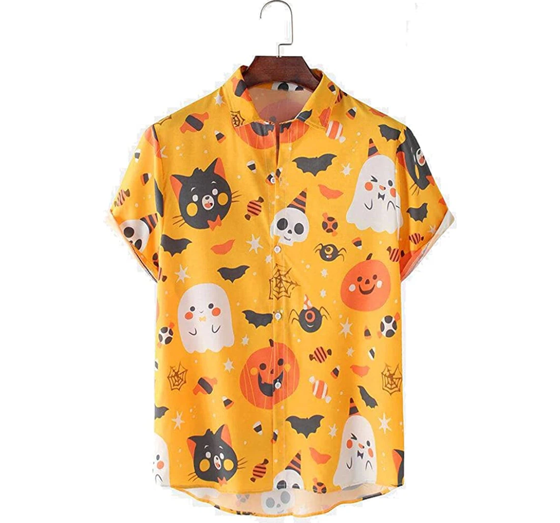 Cartoon Halloween Cat Love Pumkin Beach Included Hawaiian Shirt, Button Up Aloha Shirt For Men, Women