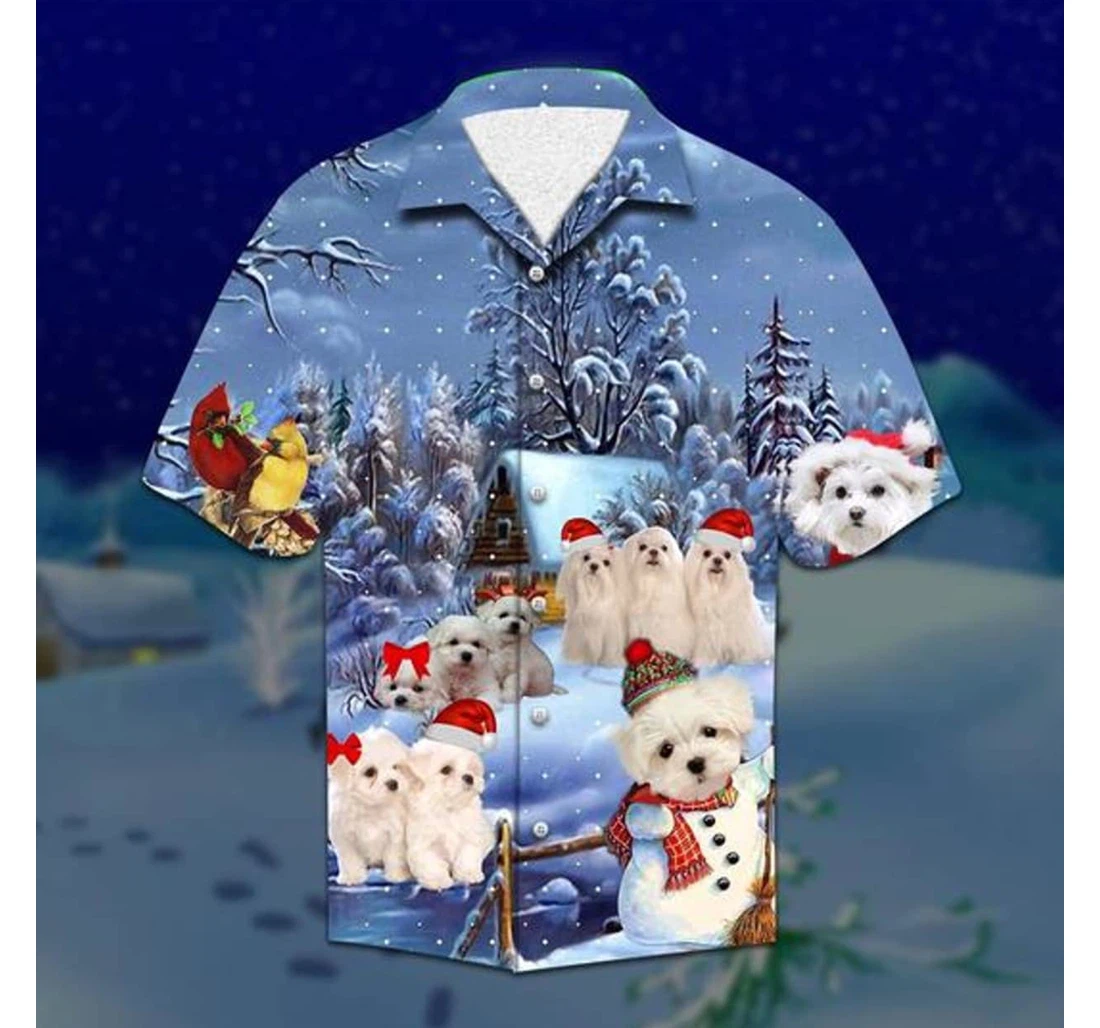 Christmas Maltese Lovely Snow Background Beach Holiday, Pool Party, Lake, Camp, Luau Funny Included Hawaiian Shirt, Button Up Aloha Shirt For Men, Women