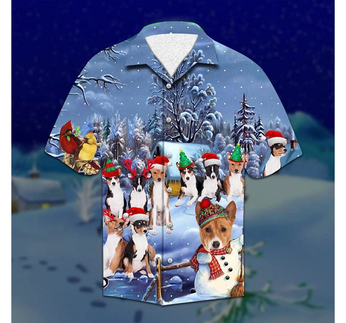 Christmas Basenji Santa Snow Background Beach Holiday, Pool Party, Lake, Camp, Luau Funny Included Hawaiian Shirt, Button Up Aloha Shirt For Men, Women