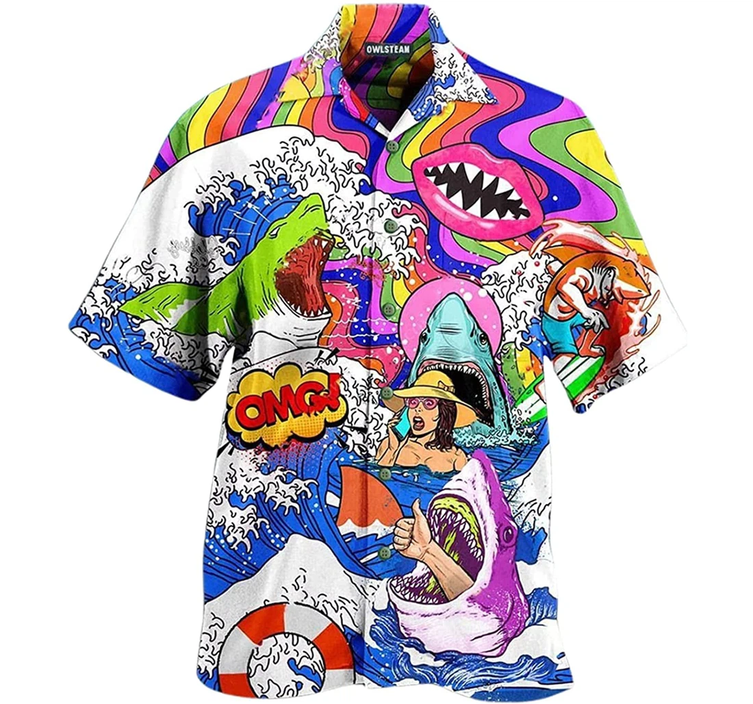 Hippie Shark And Girl Omg Beach Included Hawaiian Shirt, Button Up Aloha Shirt For Men, Women