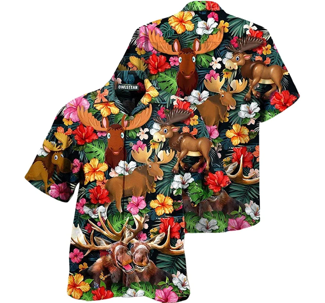 Animals Happy Moose Flower Pattern Beach Included Hawaiian Shirt, Button Up Aloha Shirt For Men, Women