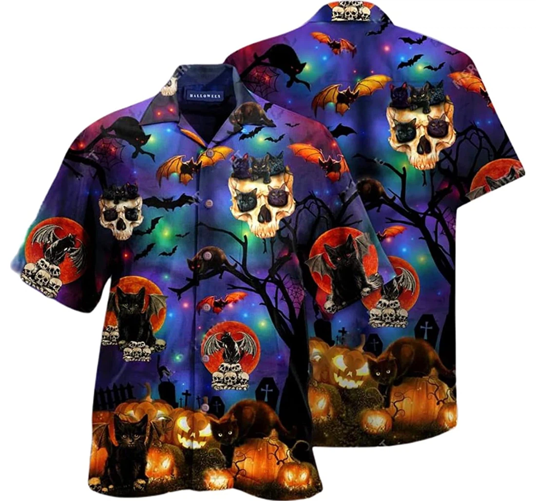 Halloween Black Cat Horror Skull Pumpkin Pattern Beach Included Hawaiian Shirt, Button Up Aloha Shirt For Men, Women