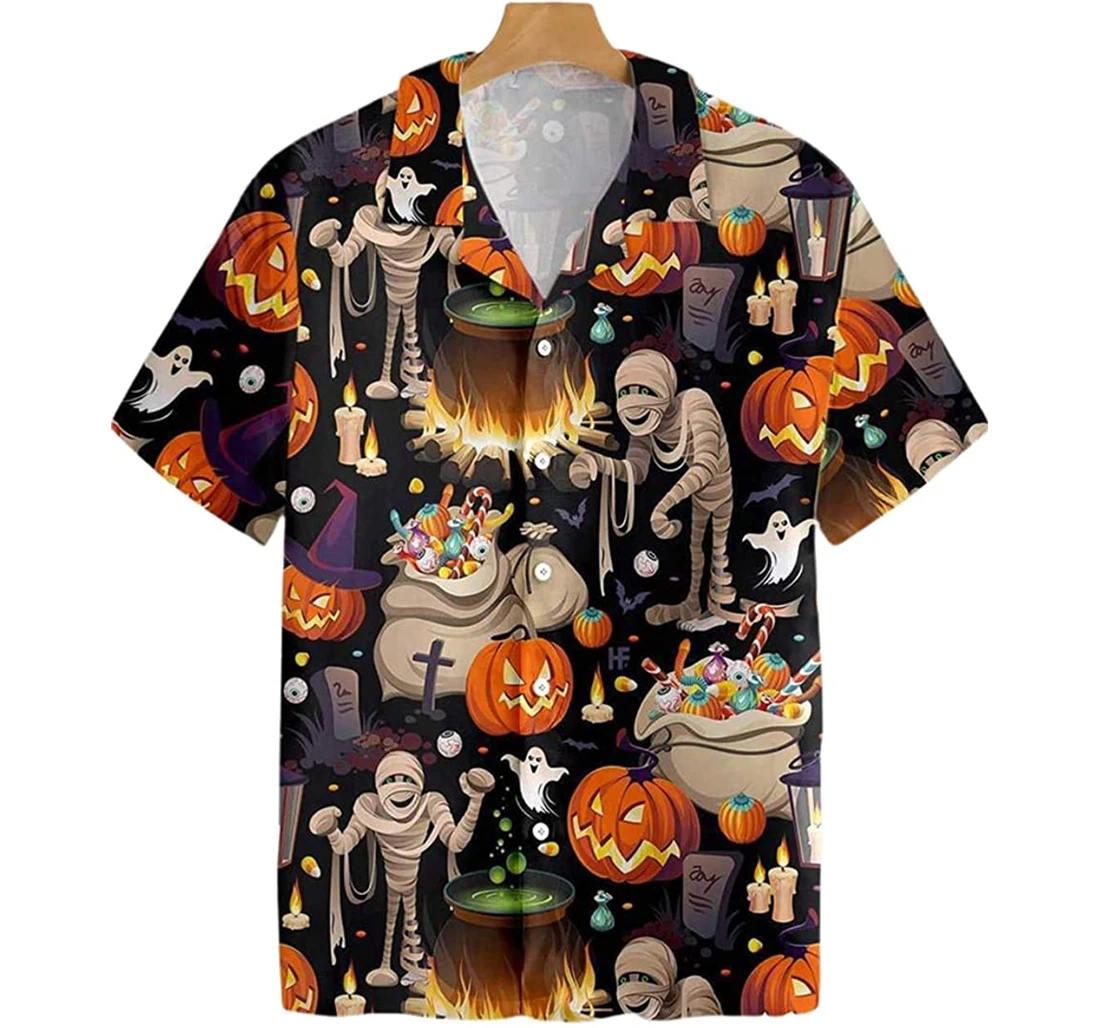 Halloween Mummy And Bags Of Sweets Pumpkin Pattern Beach Included Hawaiian Shirt, Button Up Aloha Shirt For Men, Women