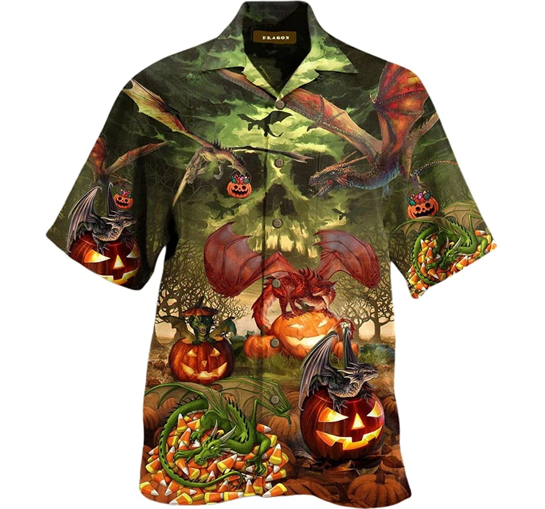 Halloween Pumpkin And Dragons Pattern Beach Included Hawaiian Shirt, Button Up Aloha Shirt For Men, Women