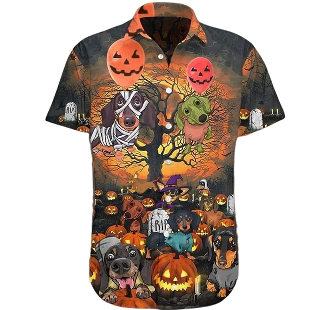 Halloween Dachshund Costume Pumpkin In Cemetery Beach Included Hawaiian Shirt, Button Up Aloha Shirt For Men, Women