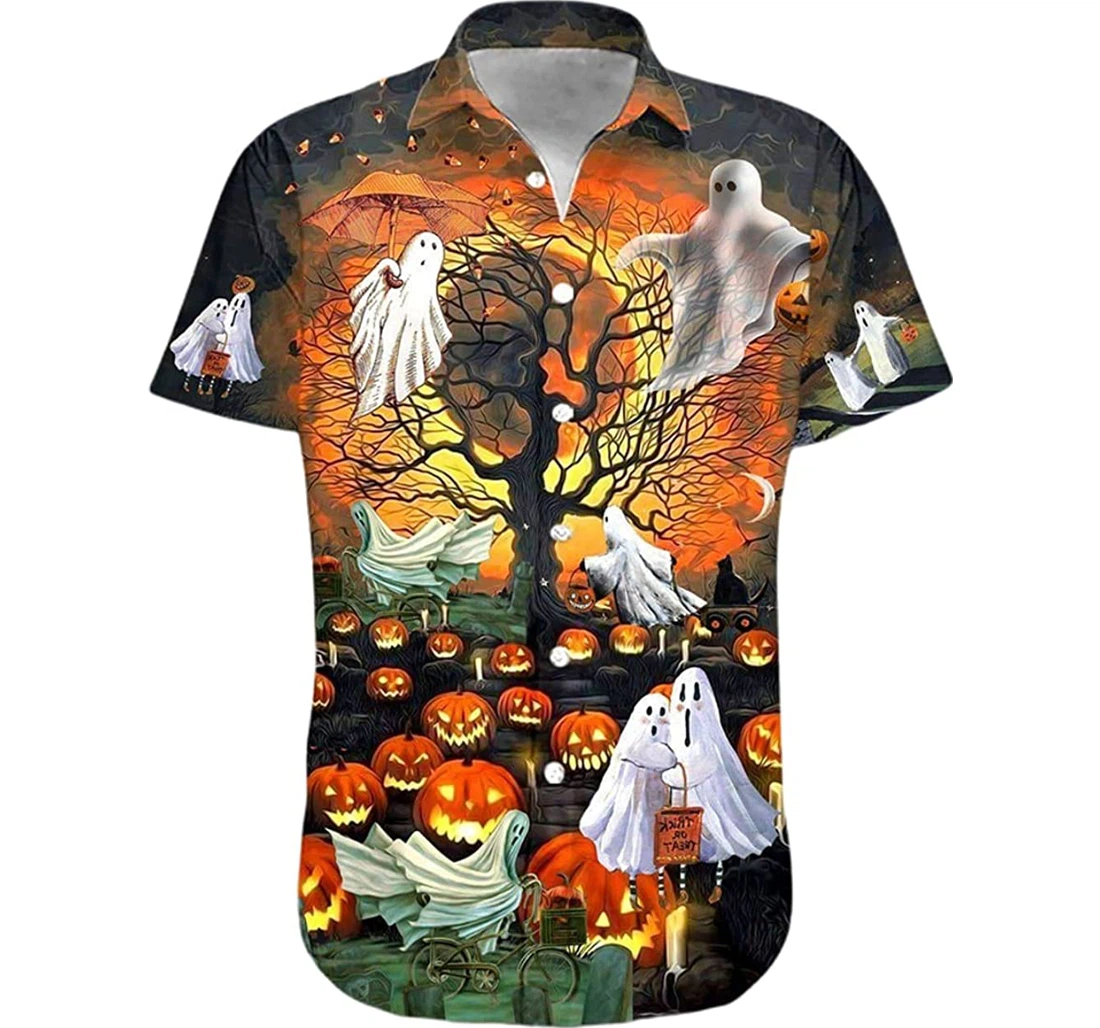 Halloween Horror Ghost Flying And Pumpkin Pattern Beach Included Hawaiian Shirt, Button Up Aloha Shirt For Men, Women