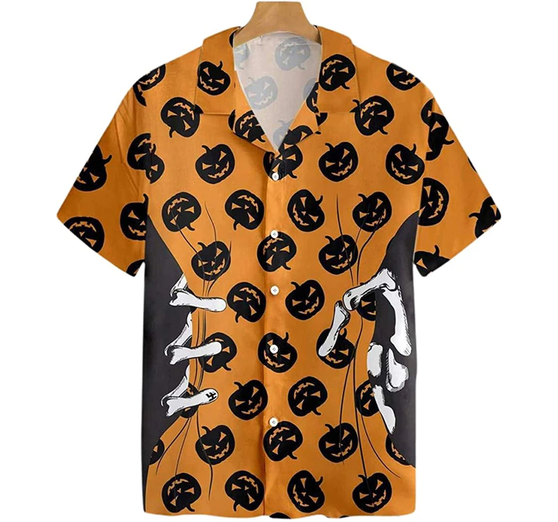 Halloween Skeleton Hand Pumpkin Pattern Beach Included Hawaiian Shirt, Button Up Aloha Shirt For Men, Women