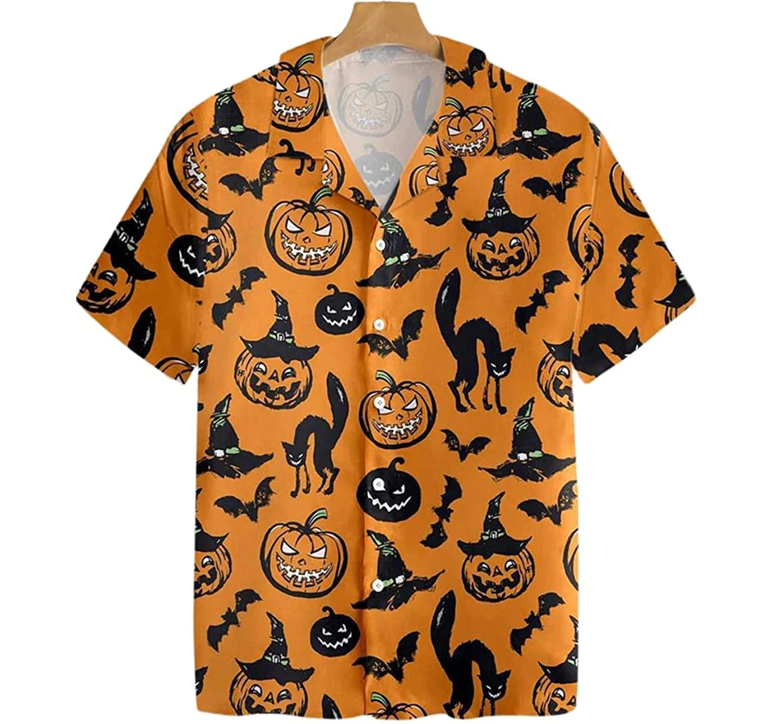 Halloween Black Cat And Horror Pumpkin Pattern Beach Included Hawaiian Shirt, Button Up Aloha Shirt For Men, Women