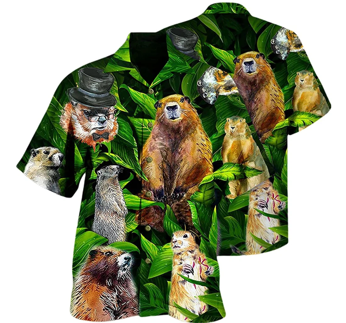 Ferret Animals Lovely Dovely Leaf Pattern Beach Included Hawaiian Shirt, Button Up Aloha Shirt For Men, Women