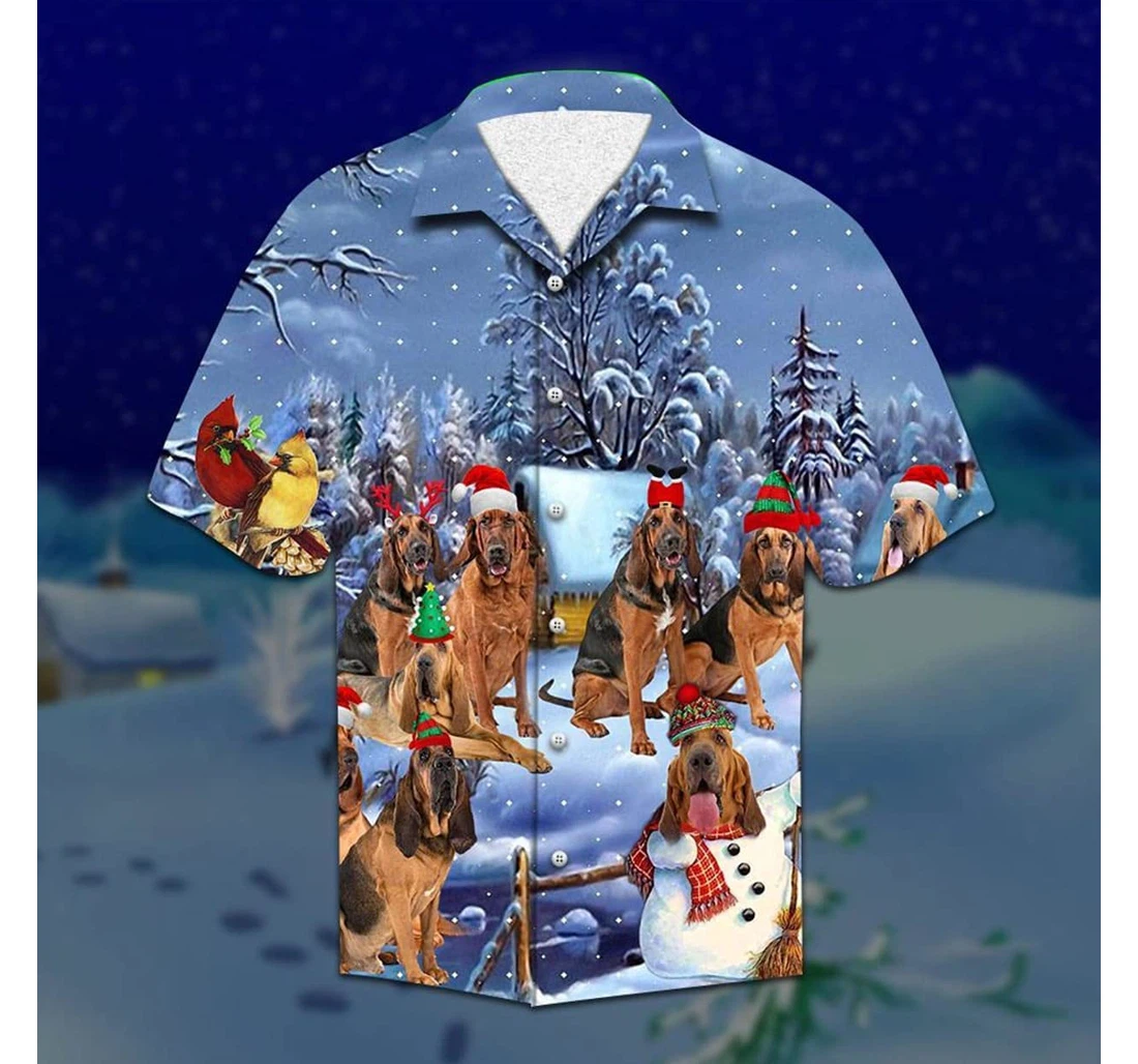 Christmas Bloodhound Santa Snow Background Beach Holiday, Pool Party, Lake, Camp, Luau Funny Included Hawaiian Shirt, Button Up Aloha Shirt For Men, Women