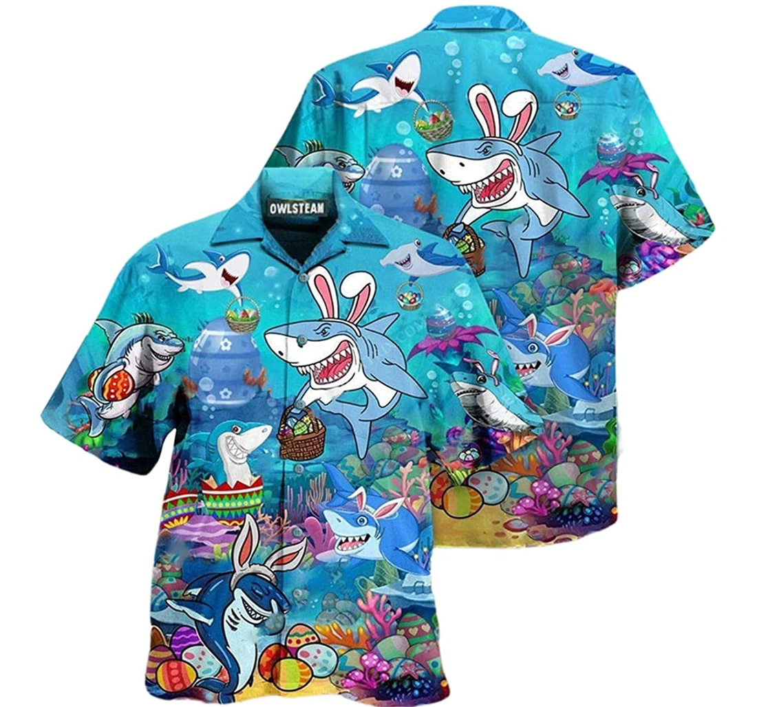 Shark Let's Enjoy Easter With Shark Beach Included Hawaiian Shirt, Button Up Aloha Shirt For Men, Women