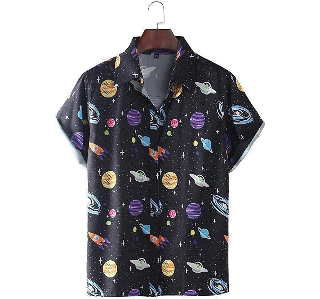 Lovely Funny Star Spaceship Animated Beach Included Hawaiian Shirt, Button Up Aloha Shirt For Men, Women